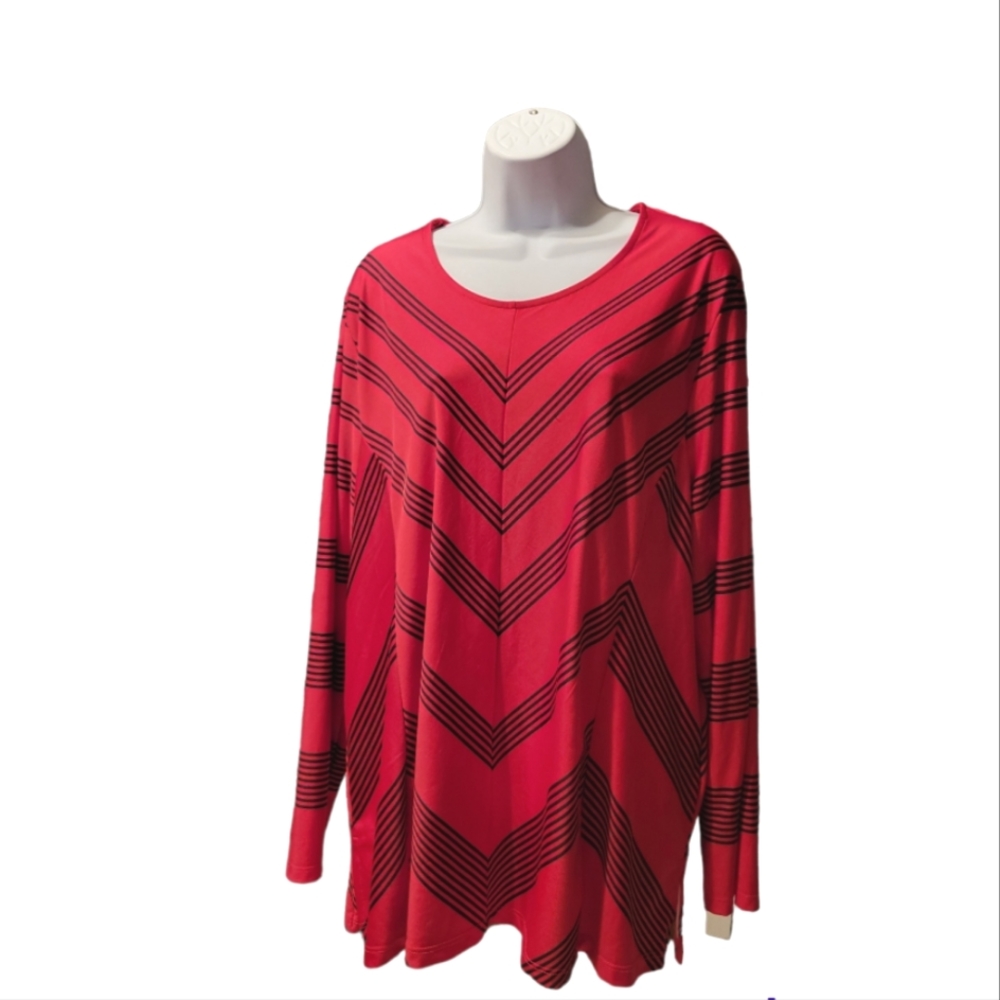 N Touch Women Plus 2x  Red Black Striped Chevron Top Blouse Sweater Shirt
